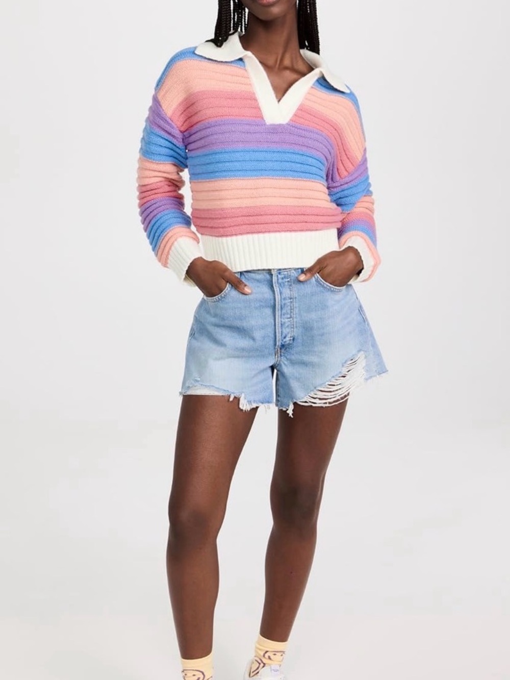 English Factory Pastel Striped V-Neck Sweater in Pink, Blue, Purple & Cream